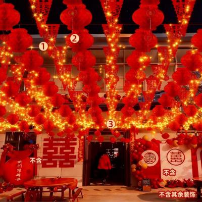 ETY农村结婚院子装饰喜字灯笼场景布置彩旗男女方自建房庭院婚礼全套 100米灯串+270米拉旗+150个灯笼 小灯笼彩旗结婚装饰农村小院子